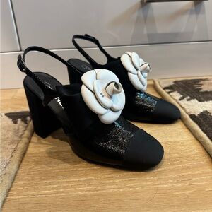 CHANEL Black Slingback Block Heels with White Camellia